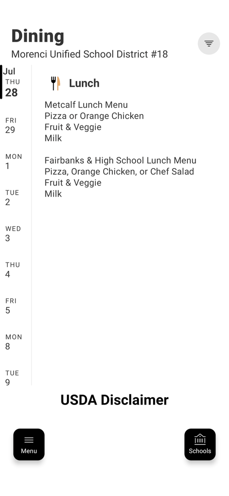 Morenci School District Lunch Menu for Thursday, July 28th