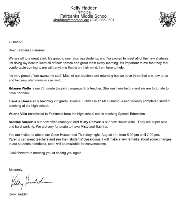 This is a welcome letter to FMS Families, inviting them to Open House.