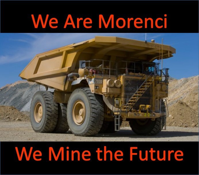 A Caterpillar 793 haul truck with caption "We Are Morenci, We Mine the Future"