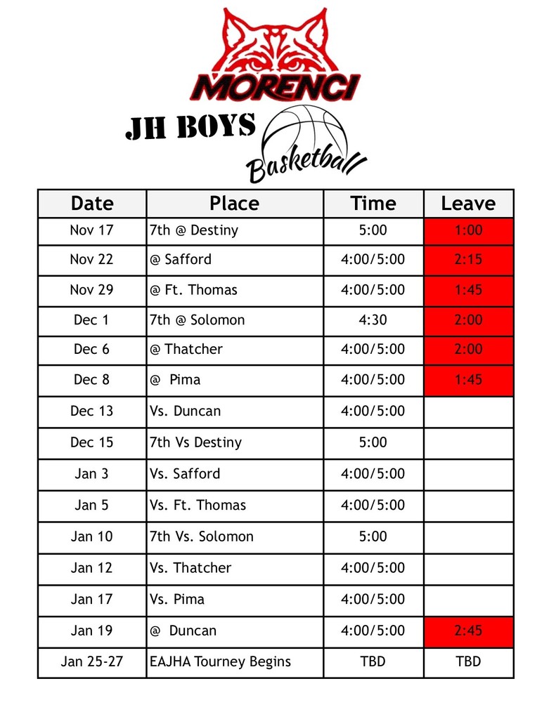 2022-2023 JH Boys Basketball Schedule 
